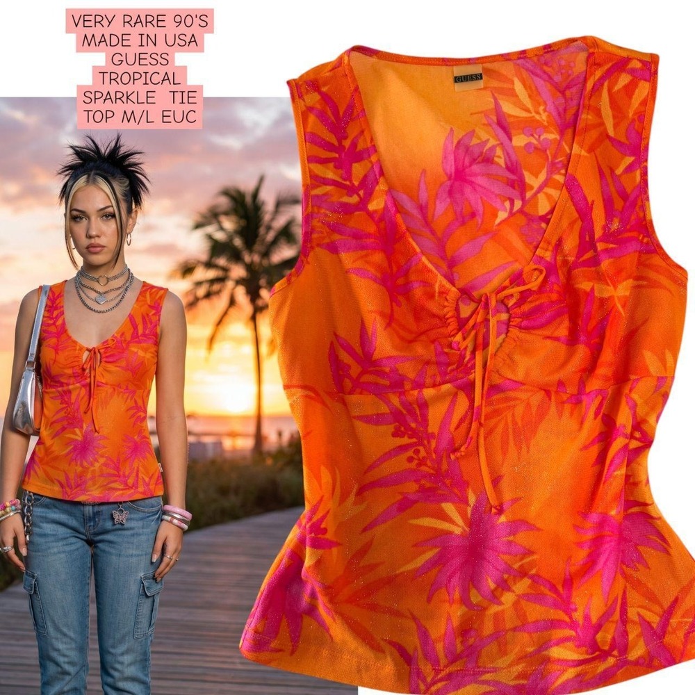 Ultra-rare vintage 90s nylong mesh tropical sparkle tie-front tank top M/L Euc‎